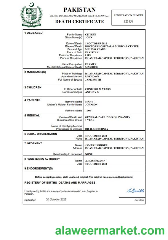 Pakistan death certificate Word and PDF template
